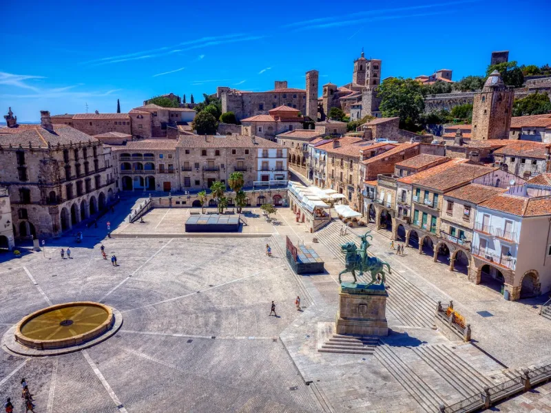 aerial view of plaza mayor de trujillo in caceres, spain