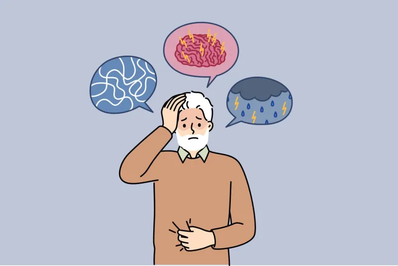 dementia and alzheimer disease in elderly man experiencing brain confusion and pain in head old grandfather needs doctor help due to symptoms of dementia and sensitivity to weather