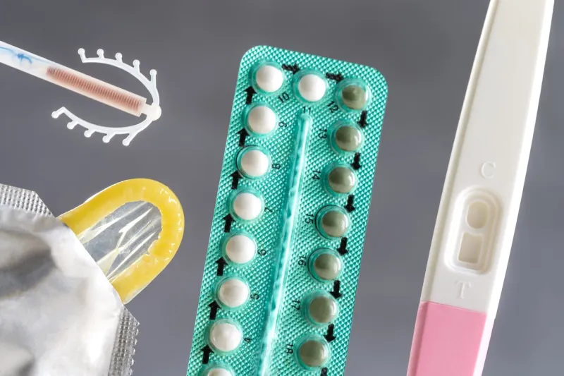 concept with oral contraceptive, emergency pills, injection contraceptive and male condom
