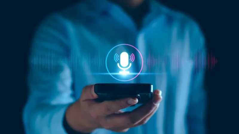 voice recording man touching microphone icon on smart phone mobile application record sound, audio, music, voice message or use your voice to direct ai to search for information on internet