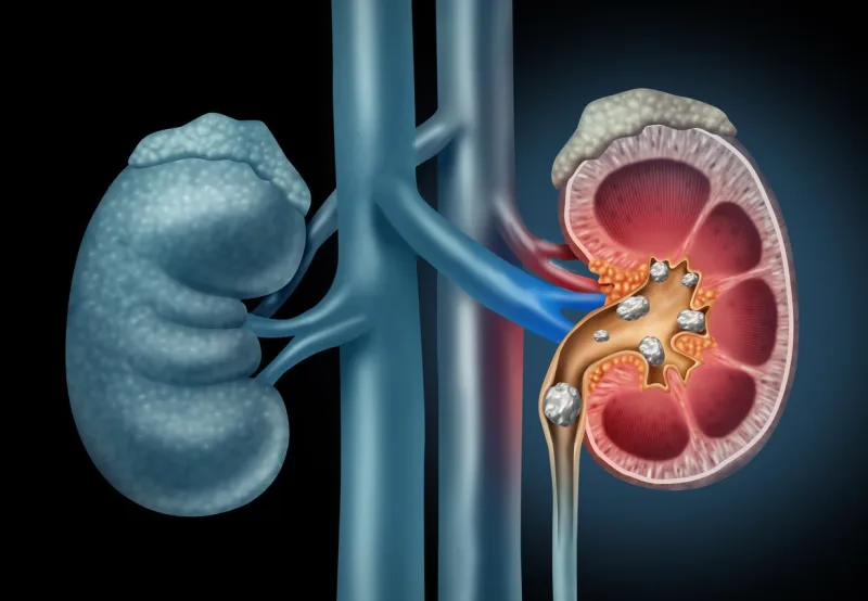 human kidney stones medical concept as an organ with painful crystaline mineral formations as a medicine symbol with a cross section with 3d illustration elements