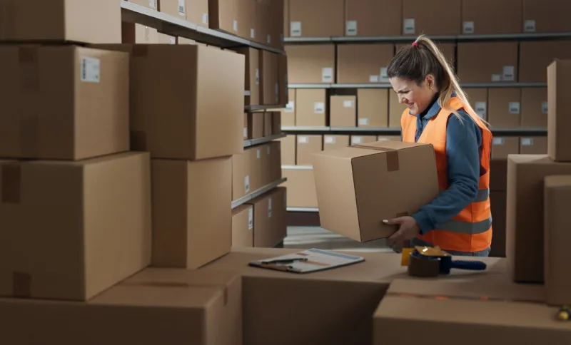 female warehouse worker lifting a heavy delivery box, her back is hurting