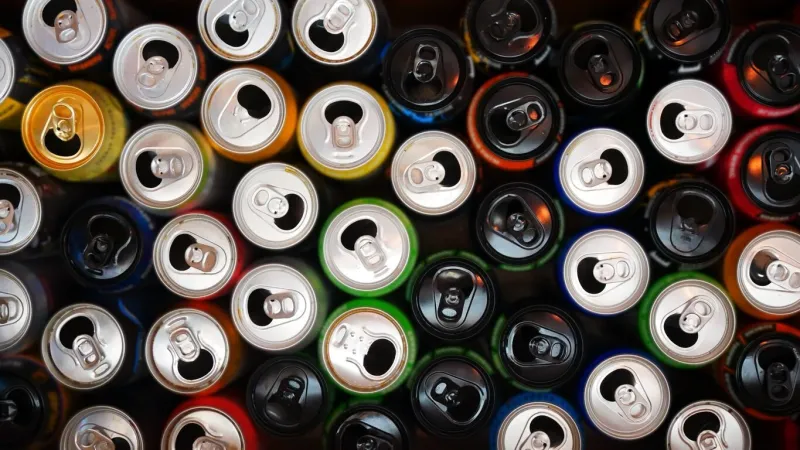 a colorful background of many opened and drunk cans of different drinks