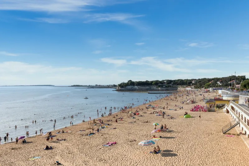fouras, france - 08-23-2019  end of a summer afternoon on the central beach of fouras, a small seaside resort between rochefort and la rochelle popular with families a promenade runs along the beach for its entire length