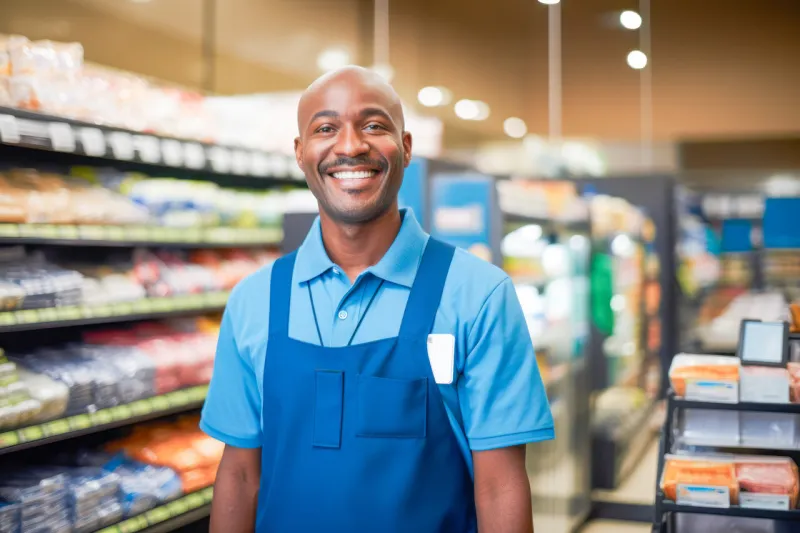 a working manager overseeing supermarket operations, ensuring smooth efficiency in the store