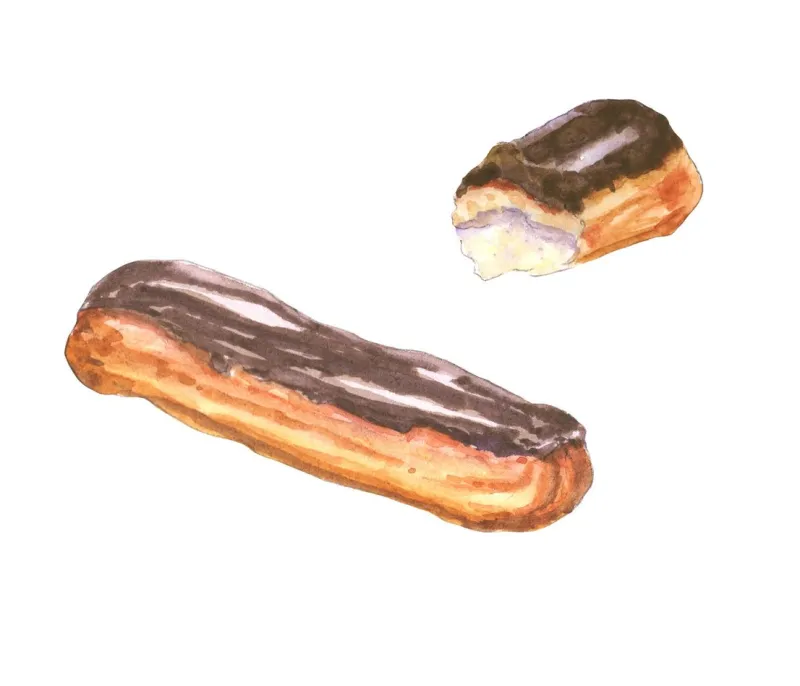 hand drawn watercolor painting of eclair chocolate glazed eclair isolated on white background - illustration
