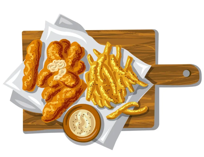 illustration of the fish fingers with fried potato chips and sauce