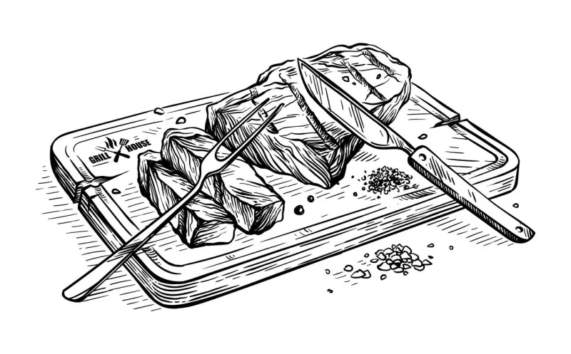 sketch hand drawn sliced grilled bull steak striploin on wooden board with knife and fork vector illustration