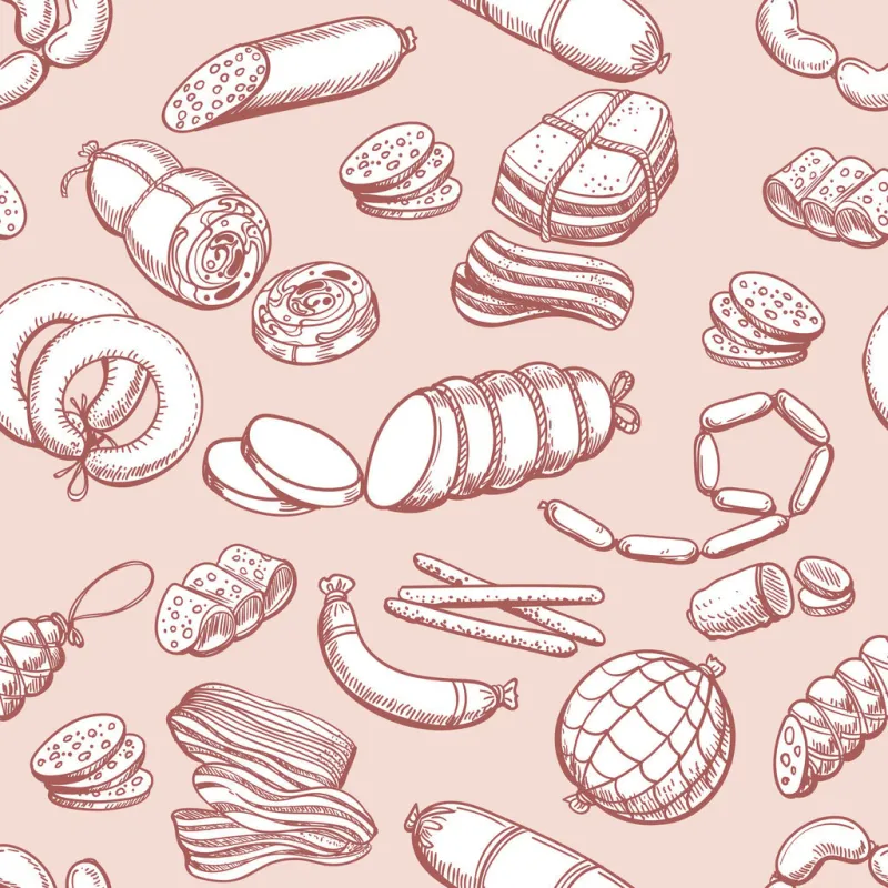 sausages pattern vintage sketch sausage and meatloaf, sliced pork and bacon butcher seamless background