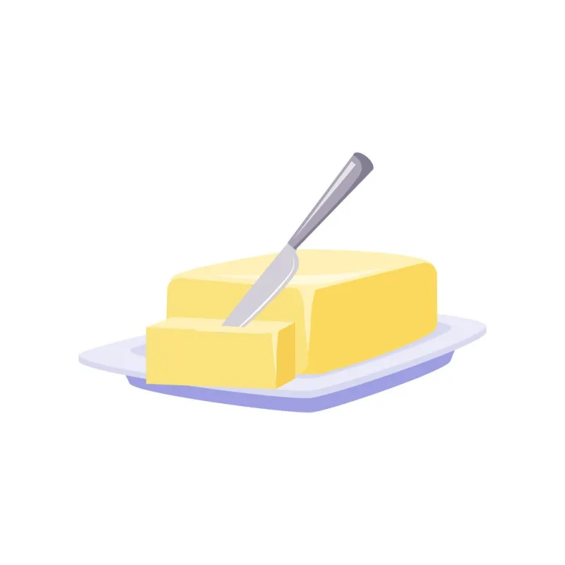 brick of butter on plate with knife, milk based product isolated icon simple realistic flat vector colorful drawing on white background
