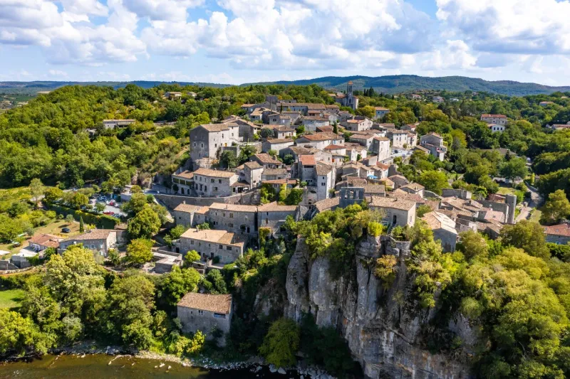 aerial view of balazuc, one of the most beautiful village in ardeche, south of france, europe
