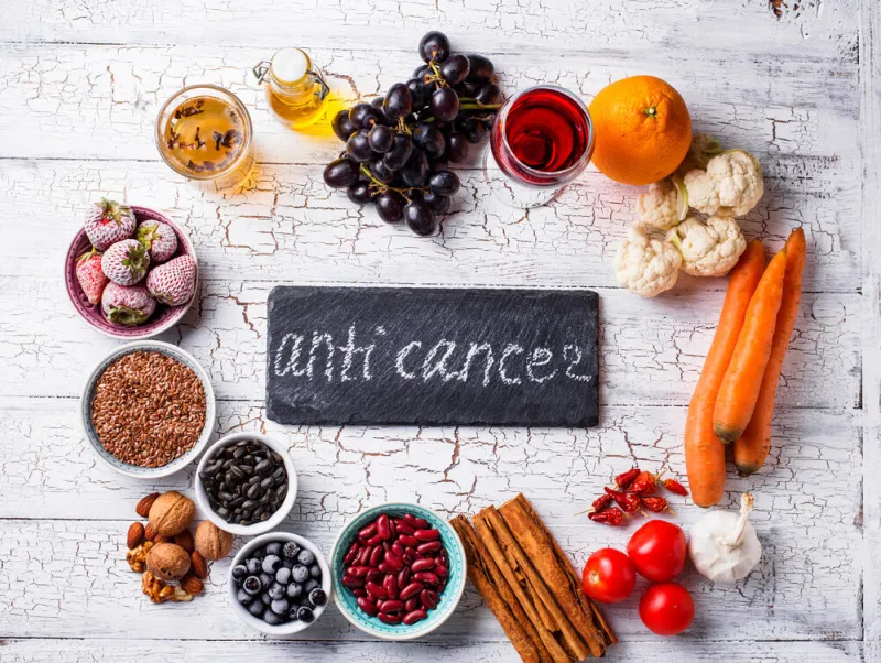 cancer fighting products food for healthy life fruits, vegetables, beans, green tea and red wine