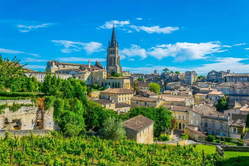 aerial view of french village saint emilion dominated by spire of the monolithic church