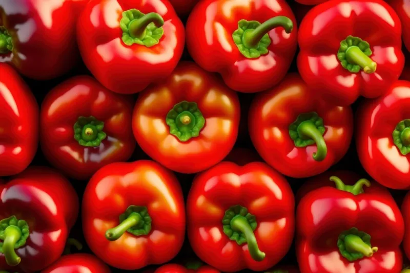 closeup of a crate of sweet red bell capsicum peppers, generativ