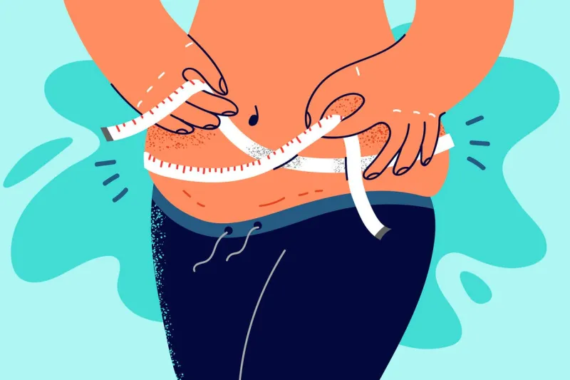 closeup of overweight woman measure waist with tape fat female use measuring centimeter make body measurements before diet wight loss vector illustration