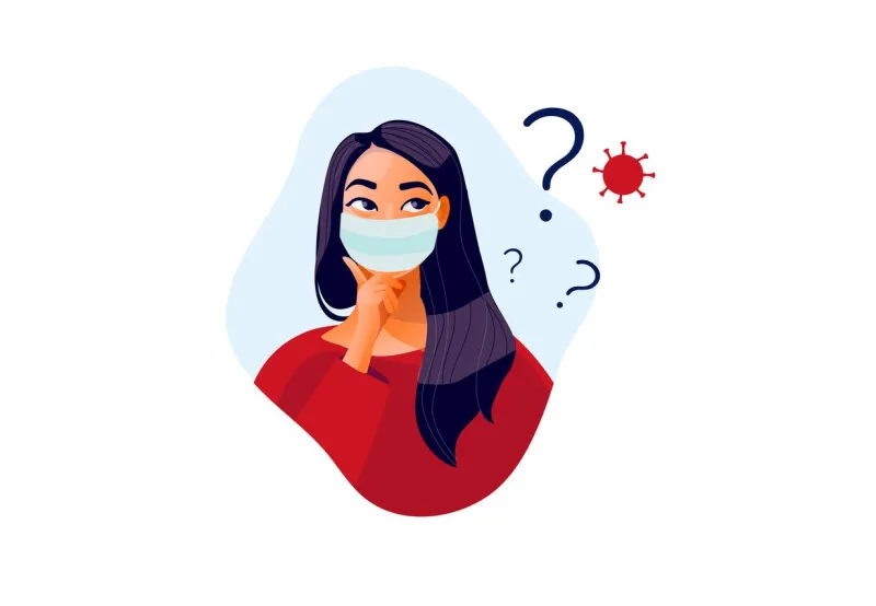 2019-ncov quarantine sad woman in protective mask thinking girl doubts, problems, thoughts, emotions curious woman questioning, question mark vector illustration coronavirus panic