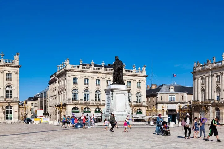 nancy, france - june 24 2020  monument to stanislas leszczynski (1831) by georges jacquot enthroned in the middle of place stanislas