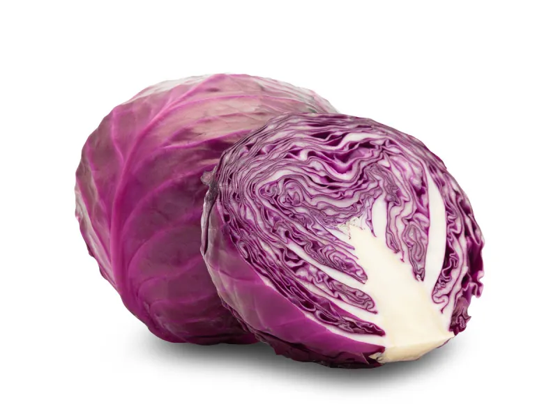 whole red cabbage and half isolated on white background with clipping path