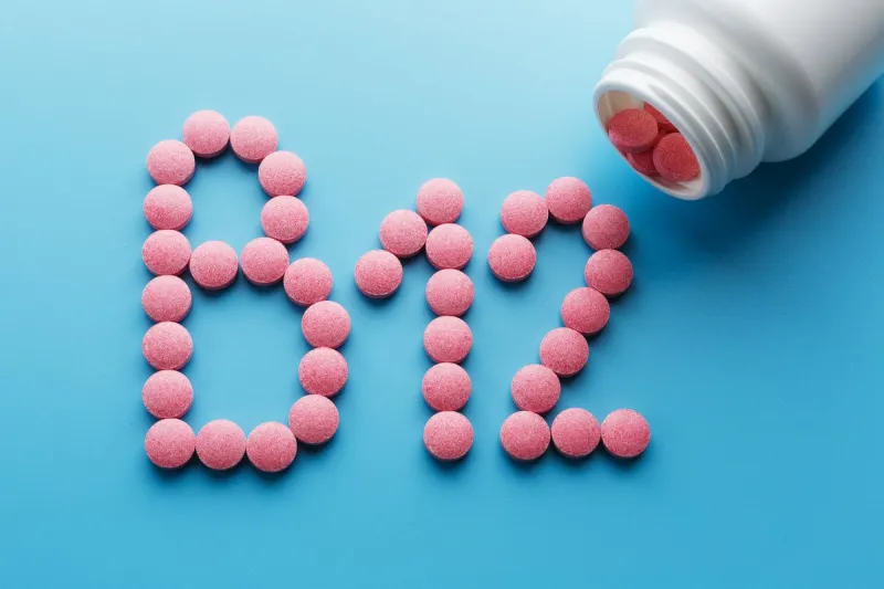pink vitamins in the shape of the letter b 12 on a blue background, spilled from a white can food supplement concept
