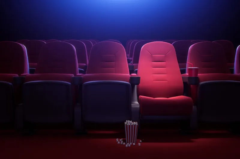 interior of empty dark cinema with rows of red seats with cup holders and popcorn concept of entertainment 3d rendering toned image