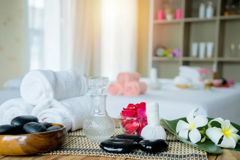 beautiful spa composition concept spa massage setting, lavender product, oil on wooden background