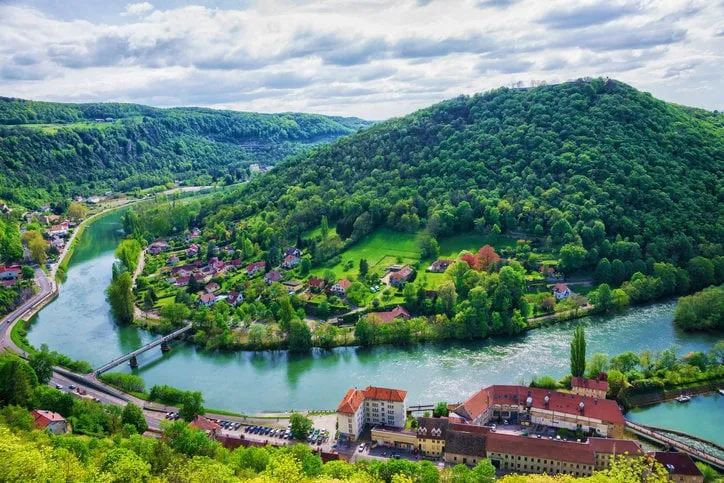aerial view to the old city from the citadel in besancon of bourgogne franche comte region in france