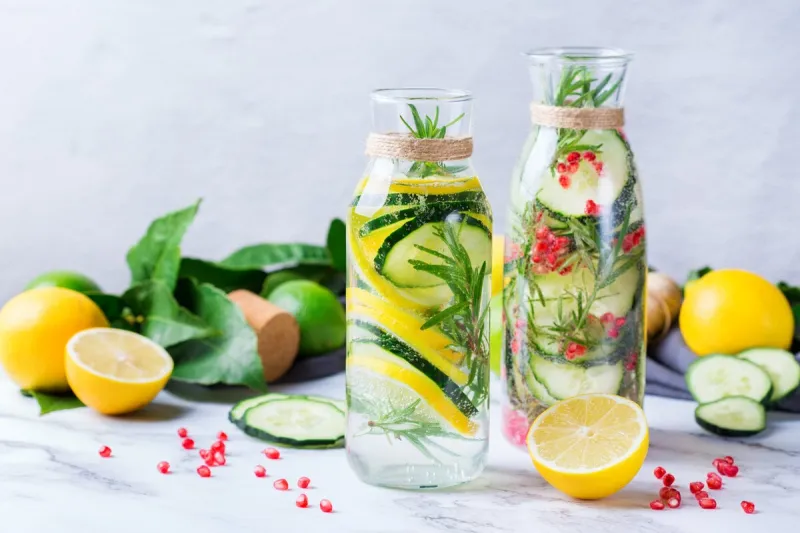 health care, fitness, healthy nutrition diet concept fresh cool lemon cucumber rosemary pomegranate infused water, detox drink, lemonade in a glass jar for spring summer days