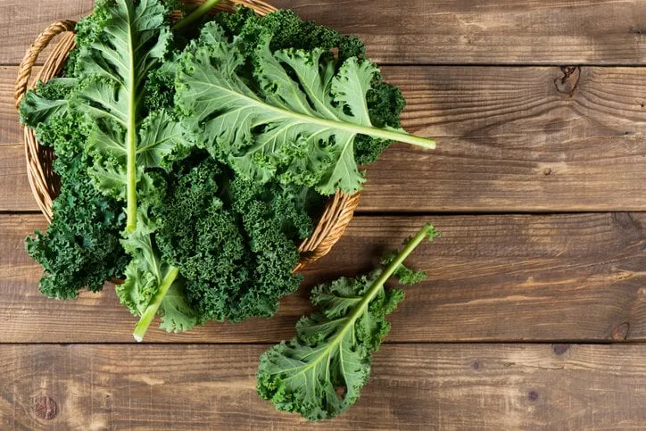 top view of freshly harvested kale in a wicker basket on a rustic wooden background with copy space