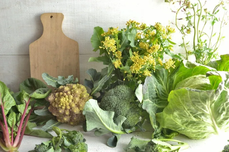 春の野菜とまな板　白木材背景