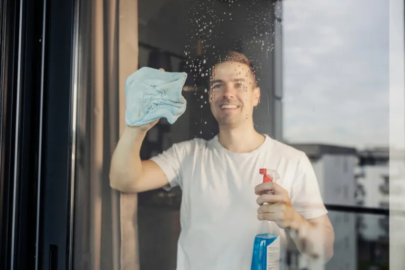a smiling man is cleaning window glass at home with detergent and rag