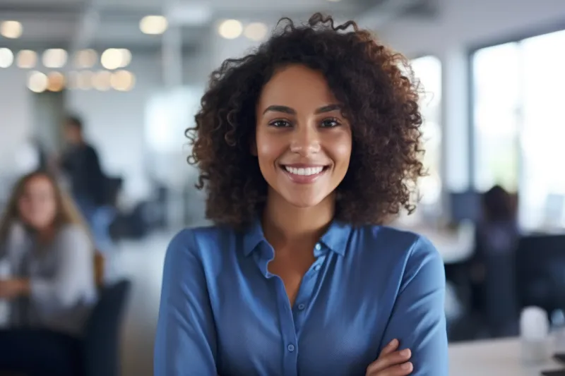 young african american woman standing in an office with her arms crossed and looking at the camera generative ai