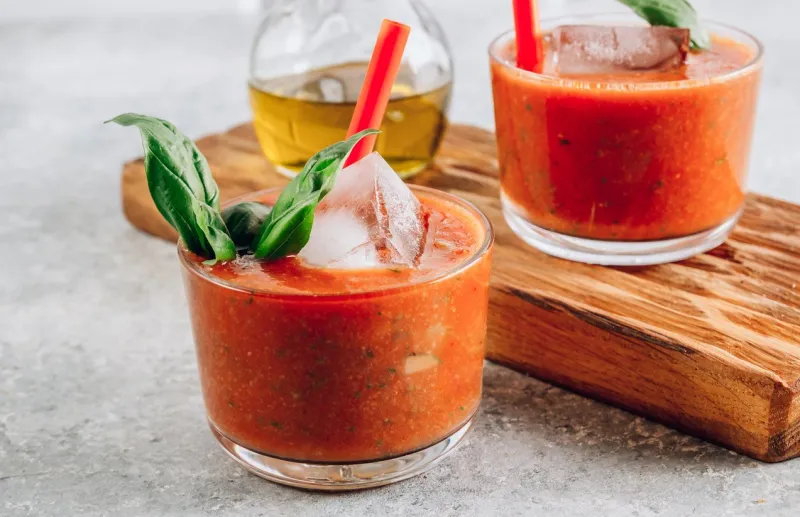 cold spanish tomato soup gazpacho served with ice in glasses summer food concept selective focus