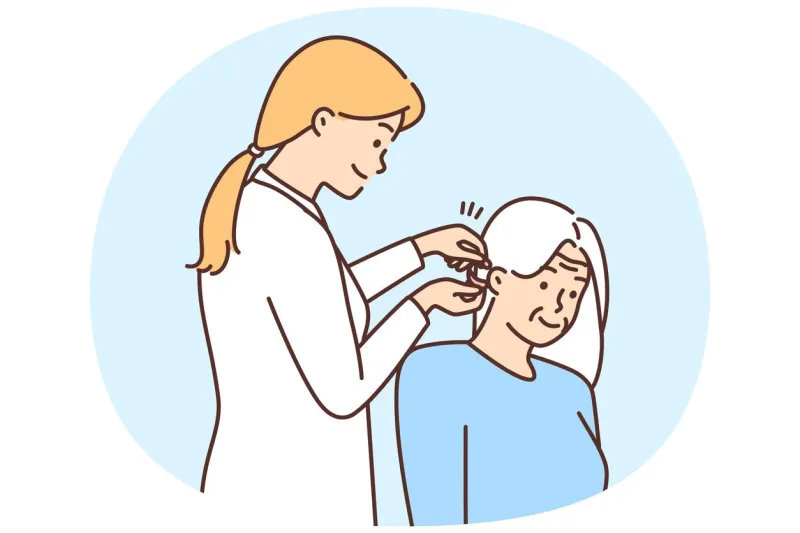 smiling caring female doctor put hearing device on ear of elderly woman patient happy nurse help mature client with hearing aids gadget vector illustration