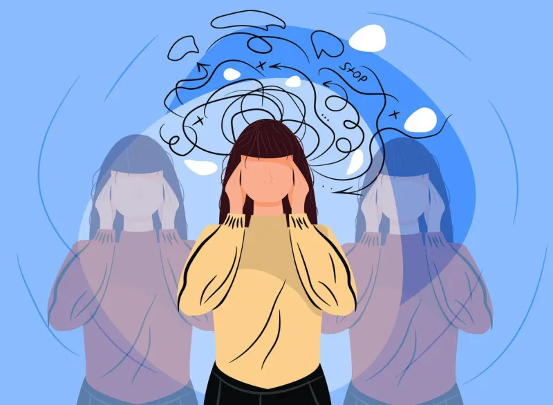 anxiety and fear woman headache attack crisis frustrated woman with nervous problem feel anxiety confusion depressed woman deep in thought anxiety touch head mental disorder and chaos