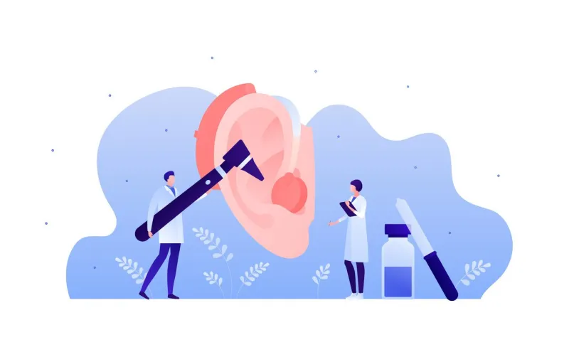deaf and hear aid concept vector flat illustration male and female doctor team exam human ear with hearing aid device medical equipment design element for medicine, health care