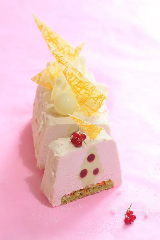 contemporary yule log cake with pistachio sponge, candied fruits, pistachio mousse, red currant jelly, cream cheese mousse and white chocolate velvet coating, decorated with white chocolate elements, on light pink background