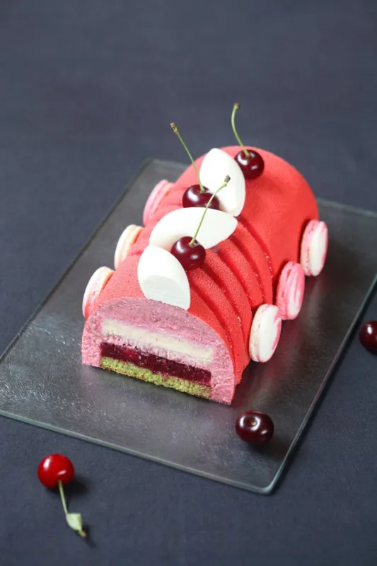 cherry lychee and pistachio yule log cake, decorated with macaron shells and red velvet spray, on a dark background