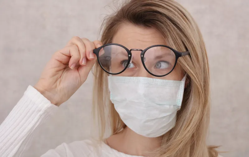 medical mask and glasses fogging avoid face touching, coronavirus prevention, protection