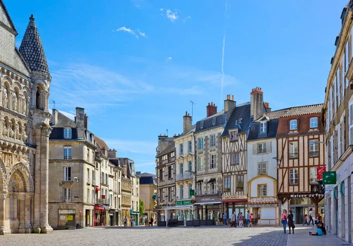 poitiers, france - may 14, 2017  place charles de gaulle with historical buildings with people around