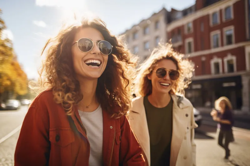 young women walking together in a european city in the autumn, candid photo