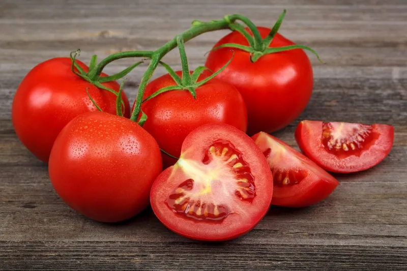 branch of a fresh red tomato on the a wooden background