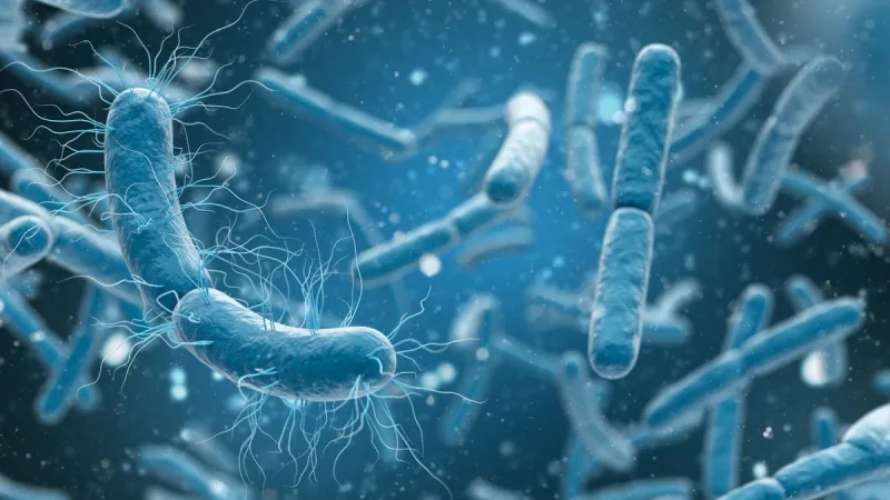 3d rendering bacteria closeup in blue background 3d illustration