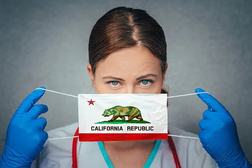 coronavirus in us state california, female doctor portrait, protect face surgical medical mask with california flag illness, virus covid-19 in california