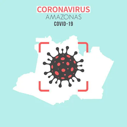 amazonas map with a coronavirus cell (covid-19) in red viewfinder