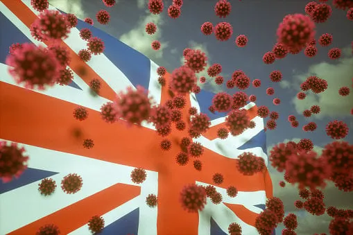 pneumonia coronavirus covid-19 and british flag illustration