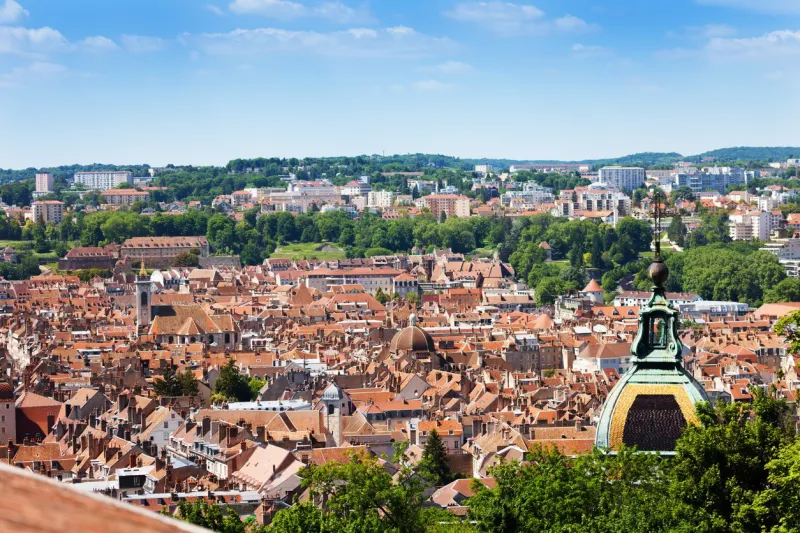 aerial view of besancon with st jean cathedral dome in the foreground in summer