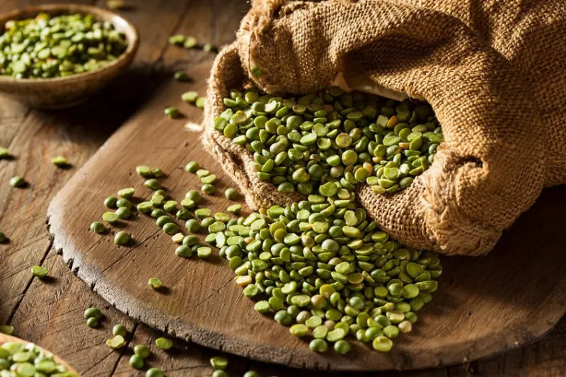 pois cassés verts organiques bruts dans une cuillère