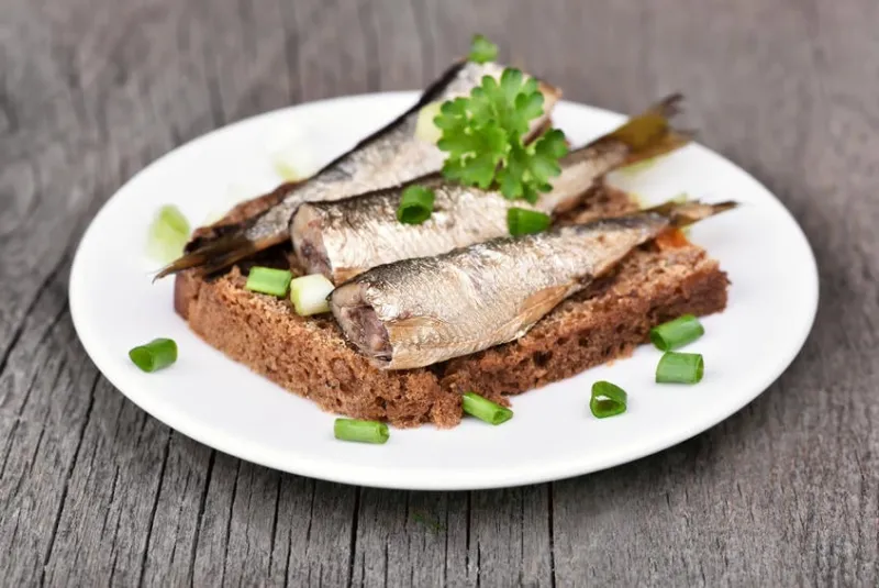 sandwich aux sprats et à l'oignon vert, vue rapprochée
