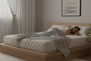 Plan large d'ambiance capturant une chambre minimaliste et sereine, baignée par la lumière du soir. 