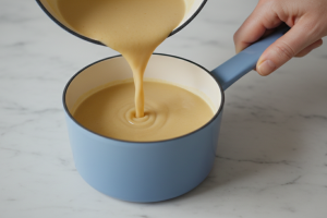 Prompt 2: Gros plan intime sur l'acte délicat de réchauffer une portion individuelle de soupe. Une m